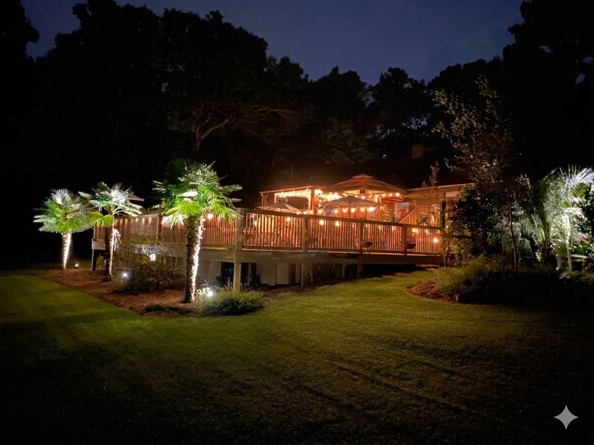 Backyard deck and raised outdoor room at night with illuminated palms, string lights, and a sweeping lawn below