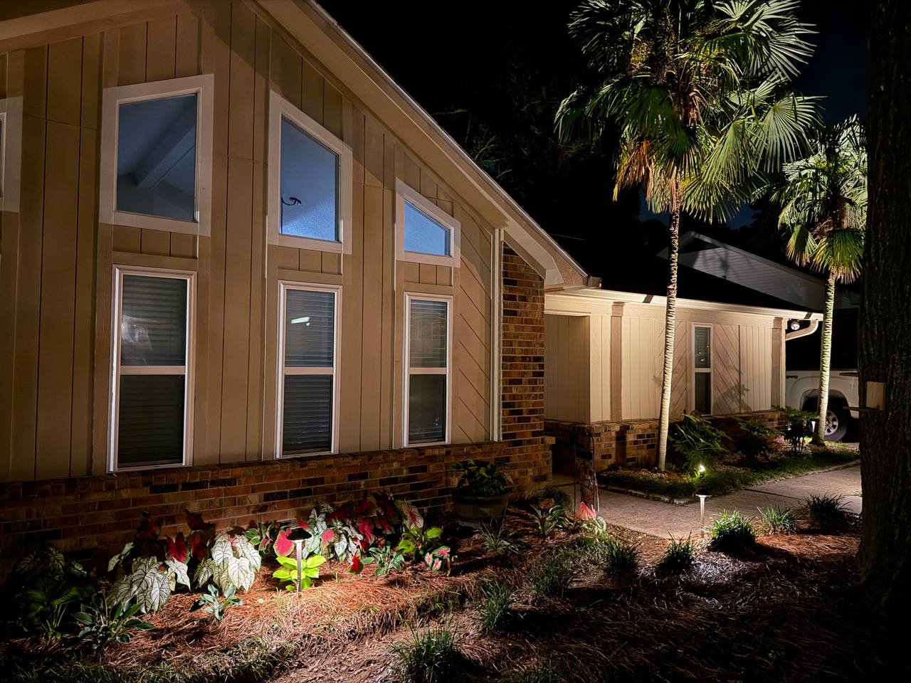Close exterior view of a home with warmly lit palms, walkway, and foundation planting at night